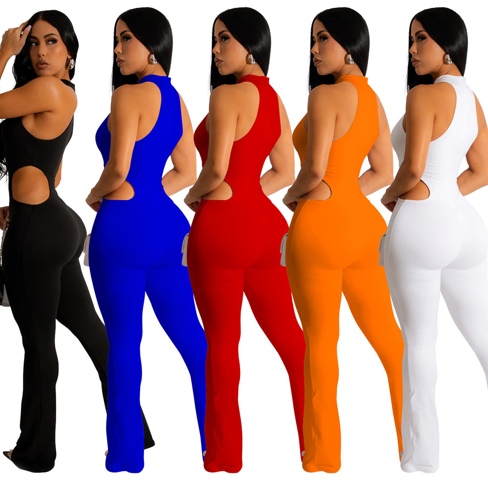 C6580 cross-border   fashion women's solid color sexy halter neck cutout long pants jumpsuit