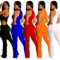 C6580 cross-border   fashion women's solid color sexy halter neck cutout long pants jumpsuit