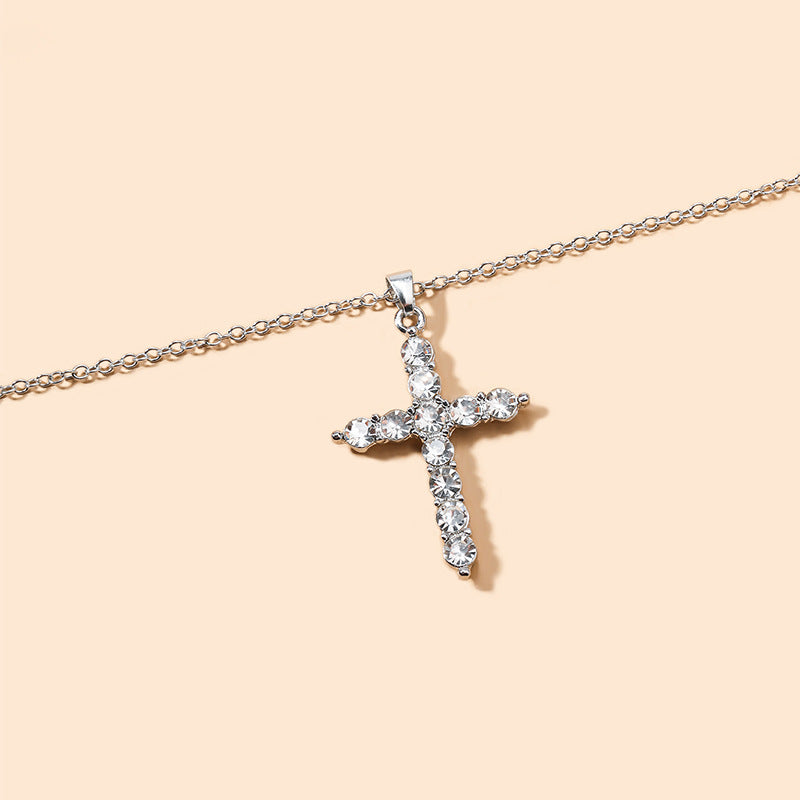 Wholesale diamond-studded cross necklace, cross-border sweater chain jewelry accessories, personalized alloy minimalist high-end pendant for women