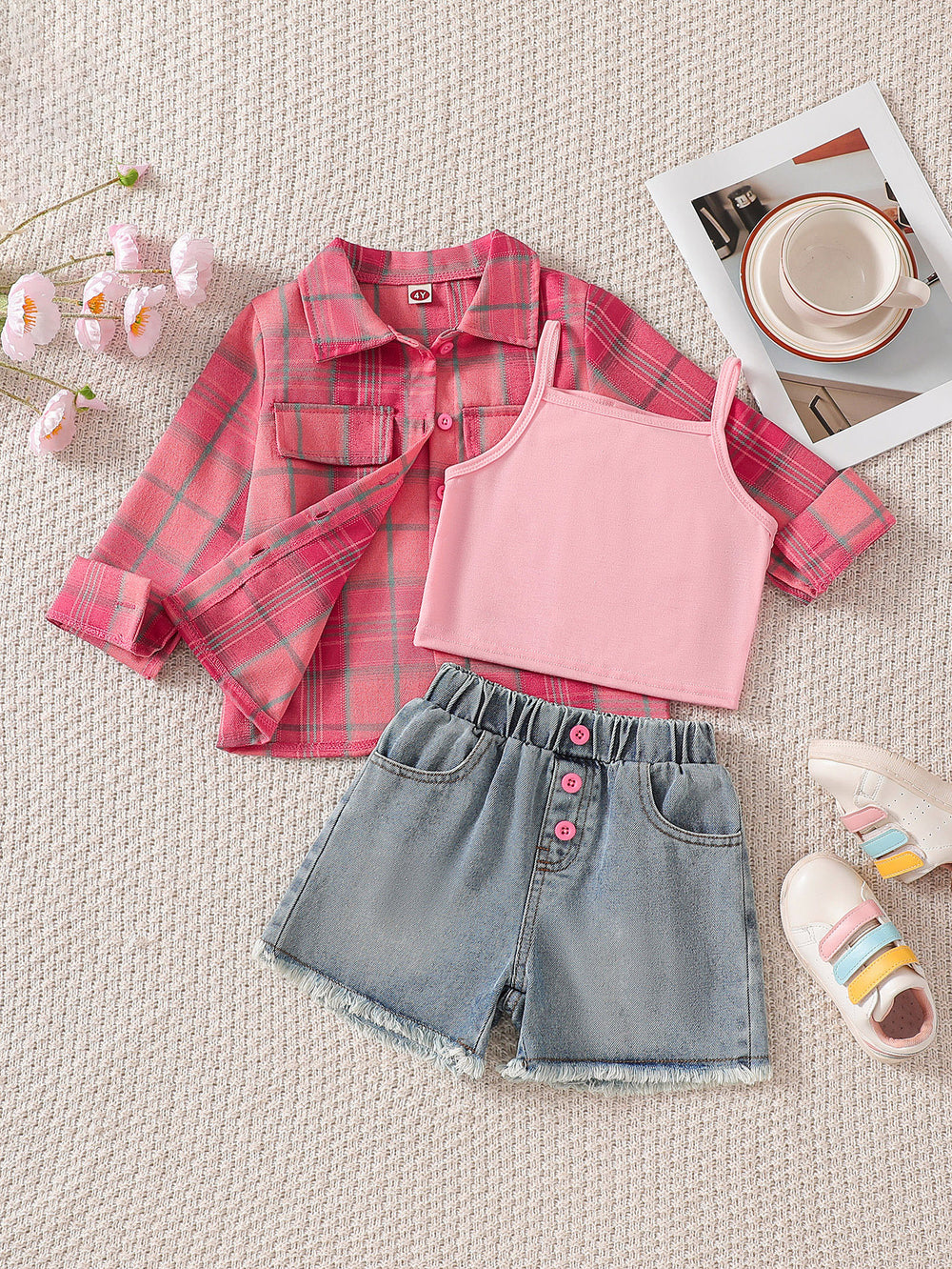 cross-border exclusive lapel plaid shirt camisole + heavy-duty washed beaded jeans three-piece set