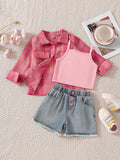 cross-border exclusive lapel plaid shirt camisole + heavy-duty washed beaded jeans three-piece set