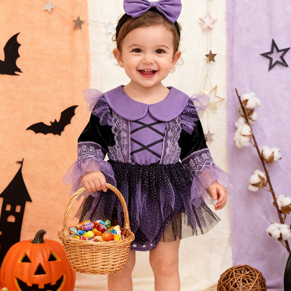 Baby girl halloween witch cosplay patchwork purple mesh romper