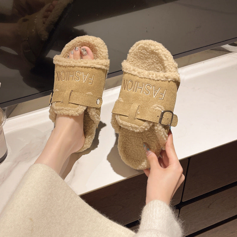 2025 fall/winter new collection: chunky platform fuzzy slippers - korean style, versatile outdoor/indoor wear, warm and cozy plush house slippers