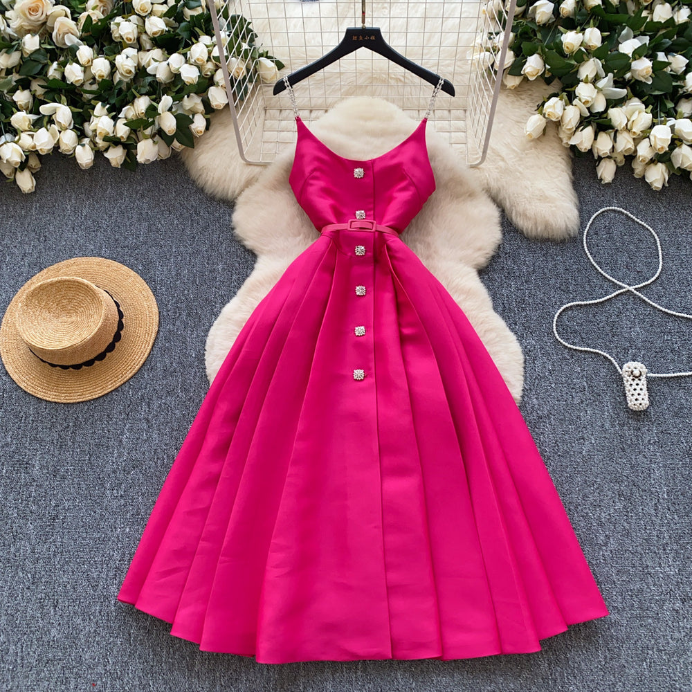 Accessible luxury qianjin style classy suspender dress women's summer pleated waist slimming look design celebrity elegant long skirt