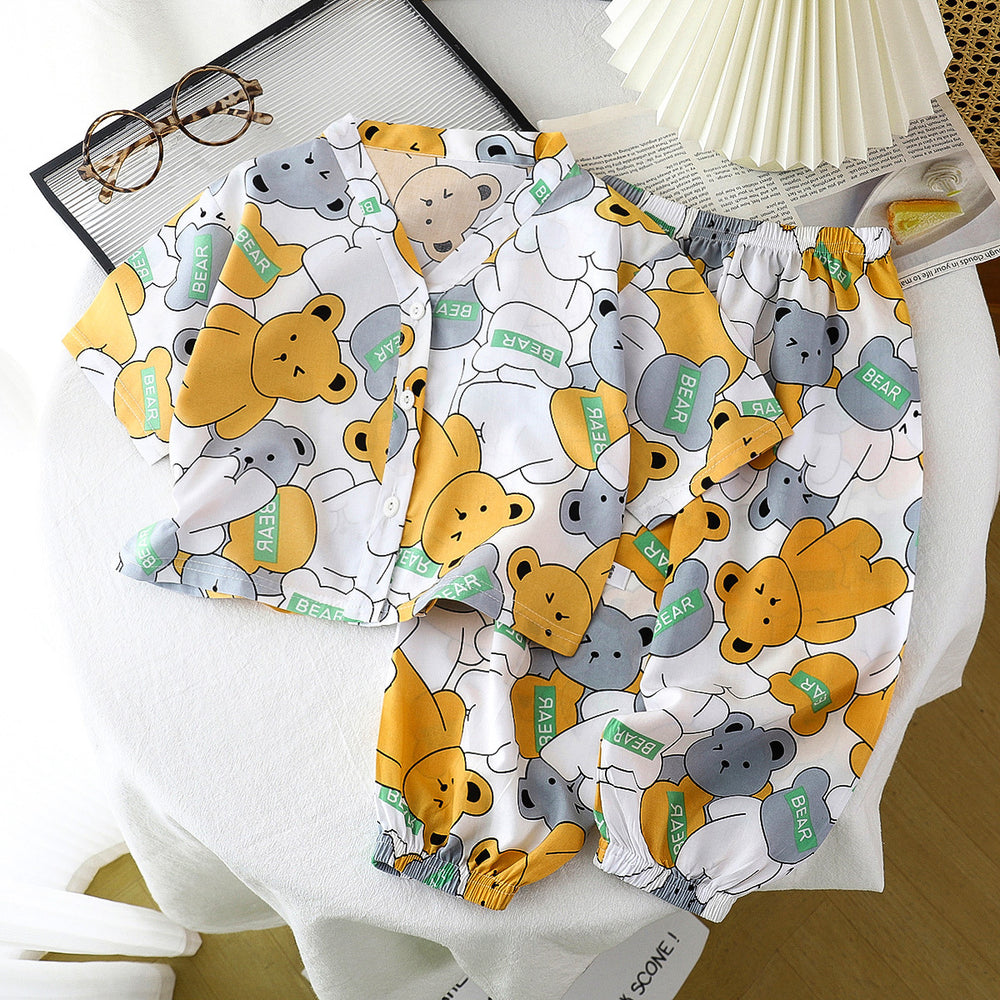 Kids' cotton linen pajama set - summer boys' and girls' sleepwear - rayon two-piece set - cotton linen air conditioning suit - children's clothing