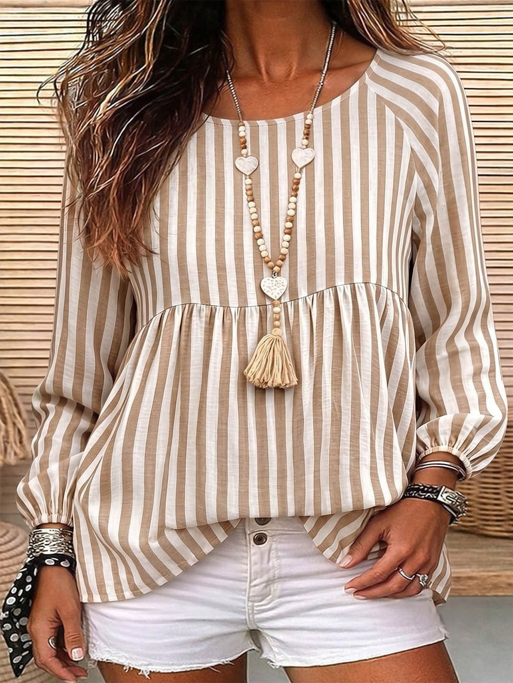european and american striped babydoll top - round neck, raglan sleeves, lantern long sleeves, loose fit, ruffled hem - women's pullover - export quality