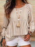 european and american striped babydoll top - round neck, raglan sleeves, lantern long sleeves, loose fit, ruffled hem - women's pullover - export quality