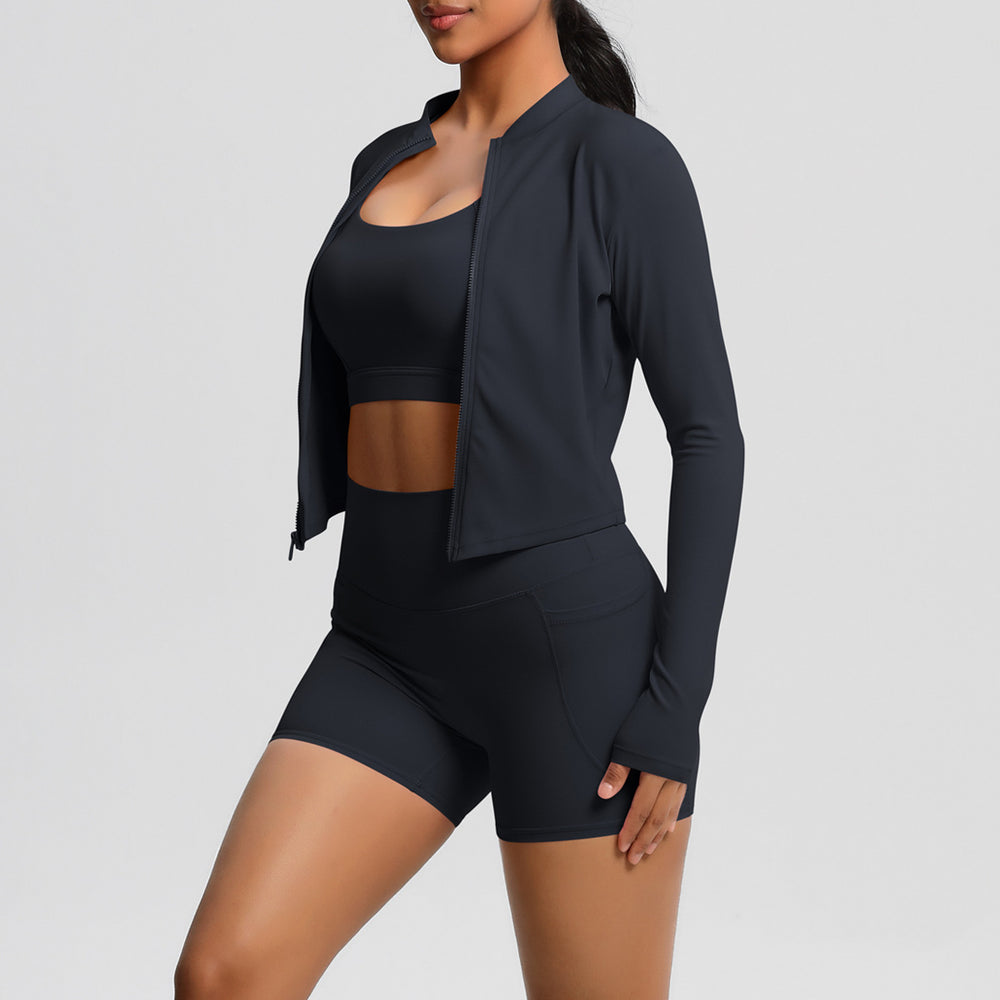 European and american solid color racerback bra, compression yoga top, pocket shorts, cloud-like running fitness set - 3 piece activewear set
