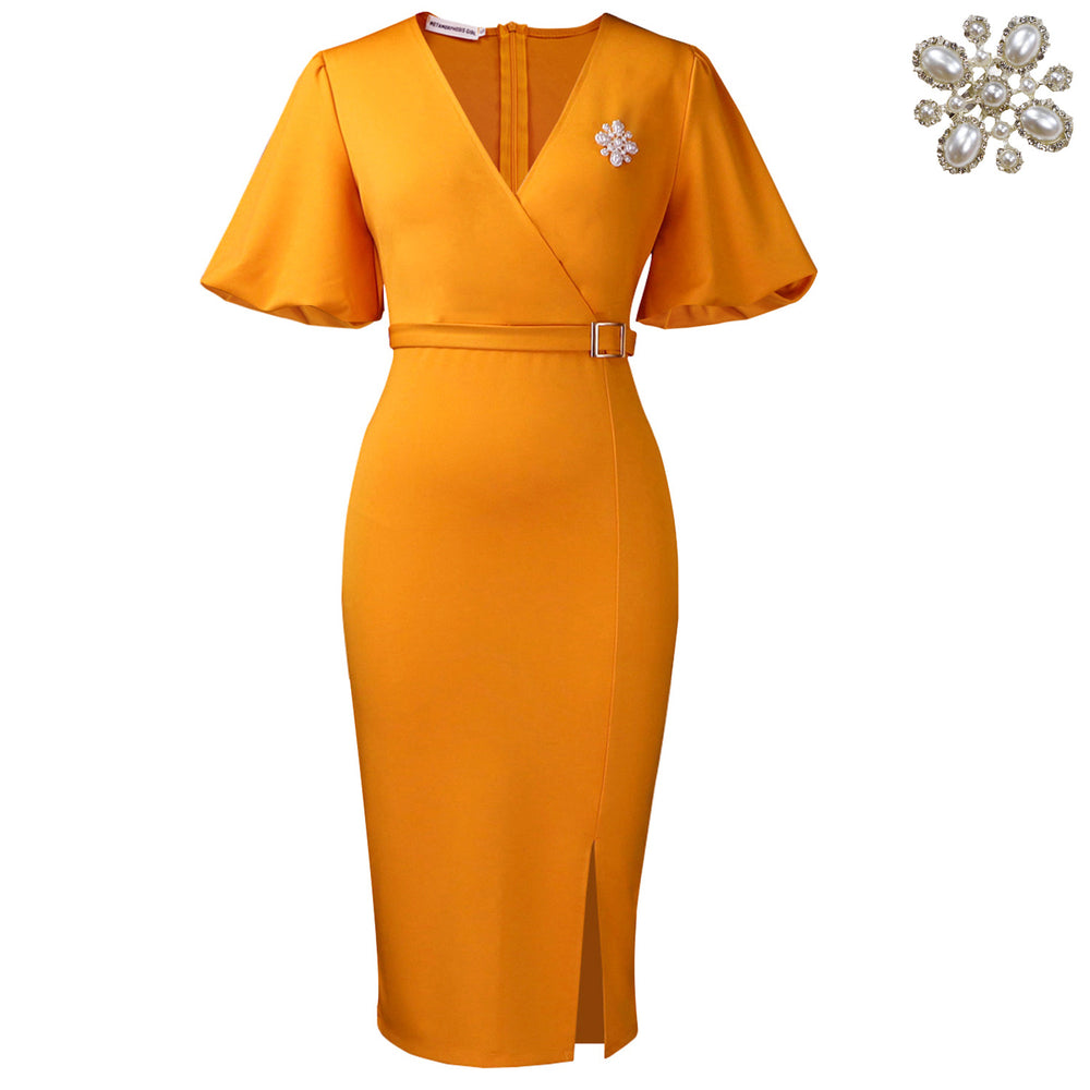 C8633 african foreign trade women's  lantern sleeve summer v-neck fashion bodycon slit midi dress