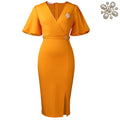 C8633 african foreign trade women's  lantern sleeve summer v-neck fashion bodycon slit midi dress