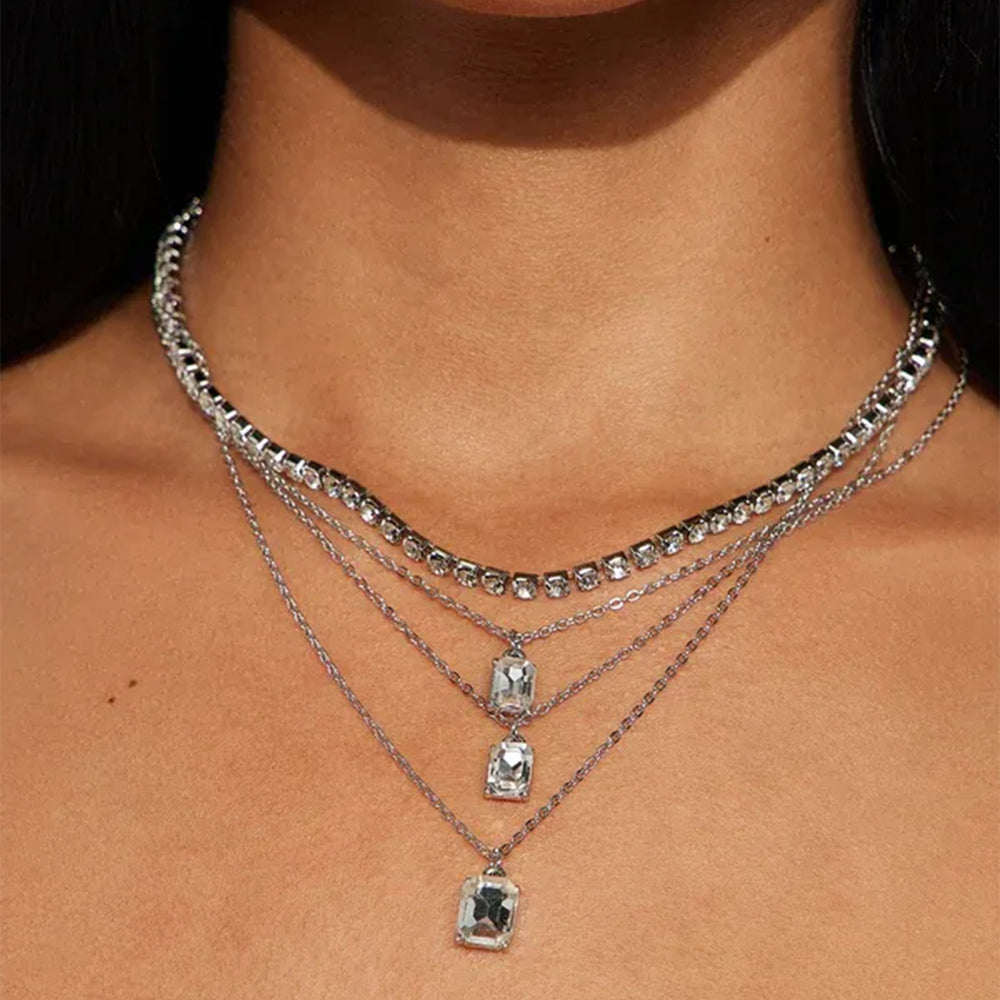 Square rhinestone pendant wholesale - european & american cross-border style, unique multi-layer necklace, light luxury, high-end full diamond chain necklace for women