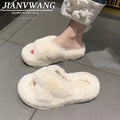 Fall and winter 2023new arrival fur slippers women's fashionoutwearstuffedthick sole slippers k-style cross strap home cotton slippers