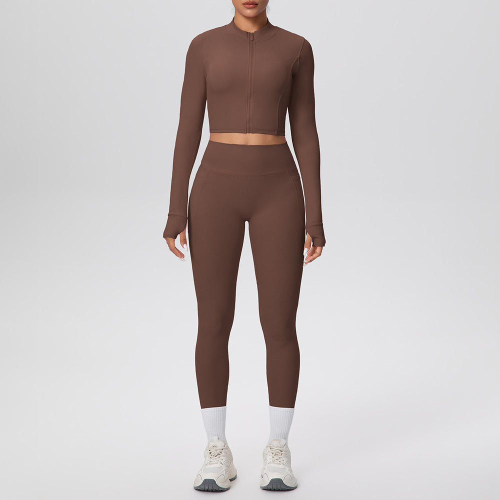 Ready-to-ship cross-border solid color brushed micro-fleece short jacket & leggings set - tight fit, pocketed, perfect for running, fitness, and yoga