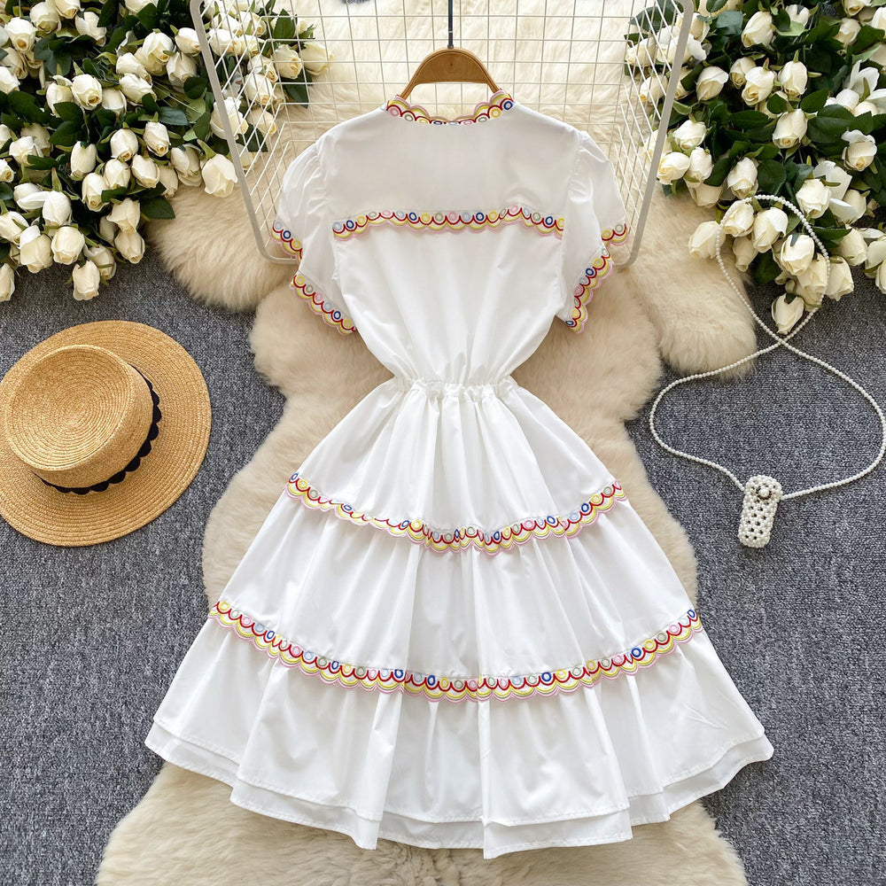 Luxury royal court style high-end flutter sleeve dress - women's summer drawstring waist design, unique and elegant midi dress