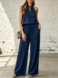 cross-border fashion  spring/summer women's solid color casual cotton linen top and wide-leg pants set
