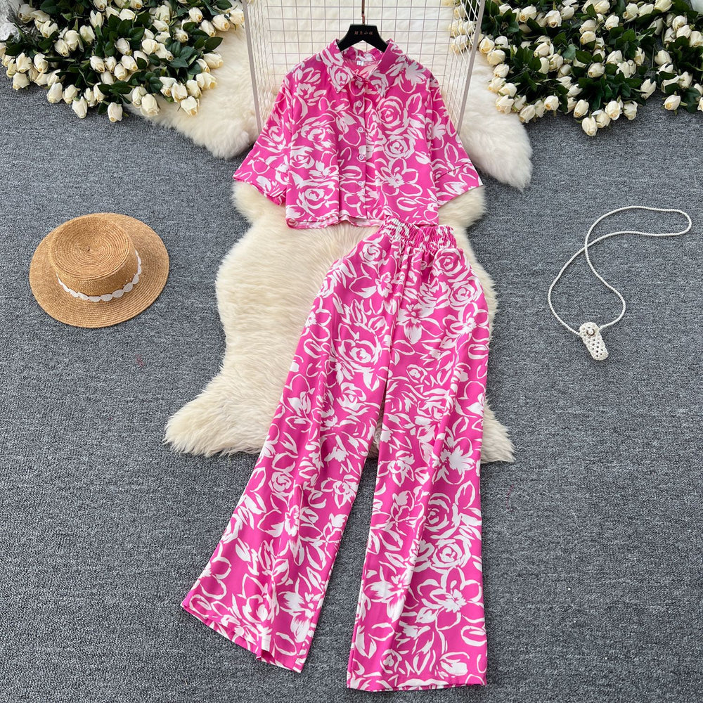 Salt style light mature style suit women's fashioneasiest for matchlooseshortprintingshirt+high waistslimming lookloosecasual pants