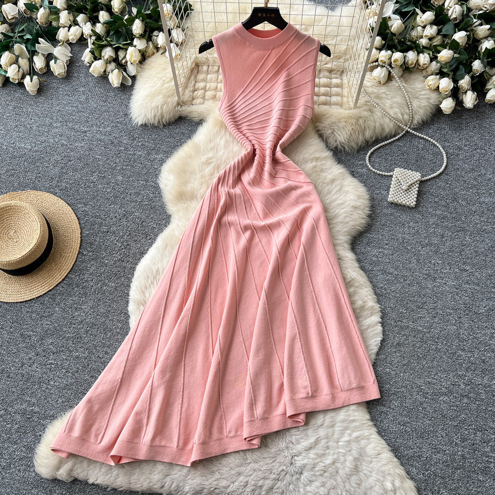 French chic sleeveless knit irregular hem dress - women's summer retro a-line dress - slimming, elegant, and versatile workwear maxi dress