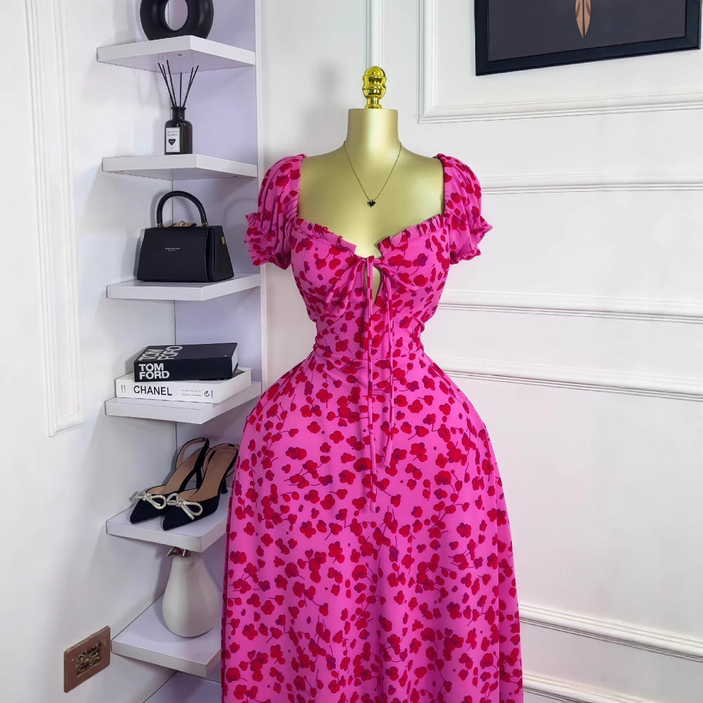 European and american cross-border women's fashion  summer new arrival: printed short-sleeve butterfly tie sexy bodycon maxi dress