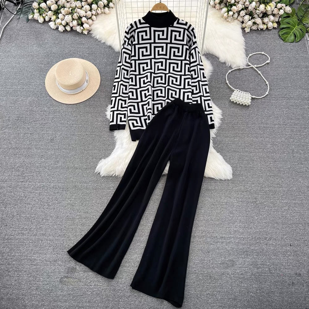 Fashionsuitk-stylelong sleeves stand collar loose jacquard knittingsweatertwo-piece sethigh waistslimming lookstraight-legloose pants