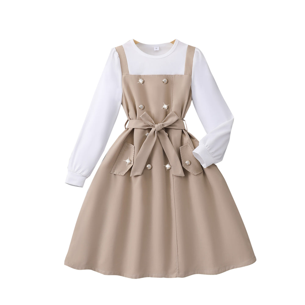 Girls' dress (sizes for mid-to-large children), double-breasted, cinched waist, faux two-piece, long sleeve dress