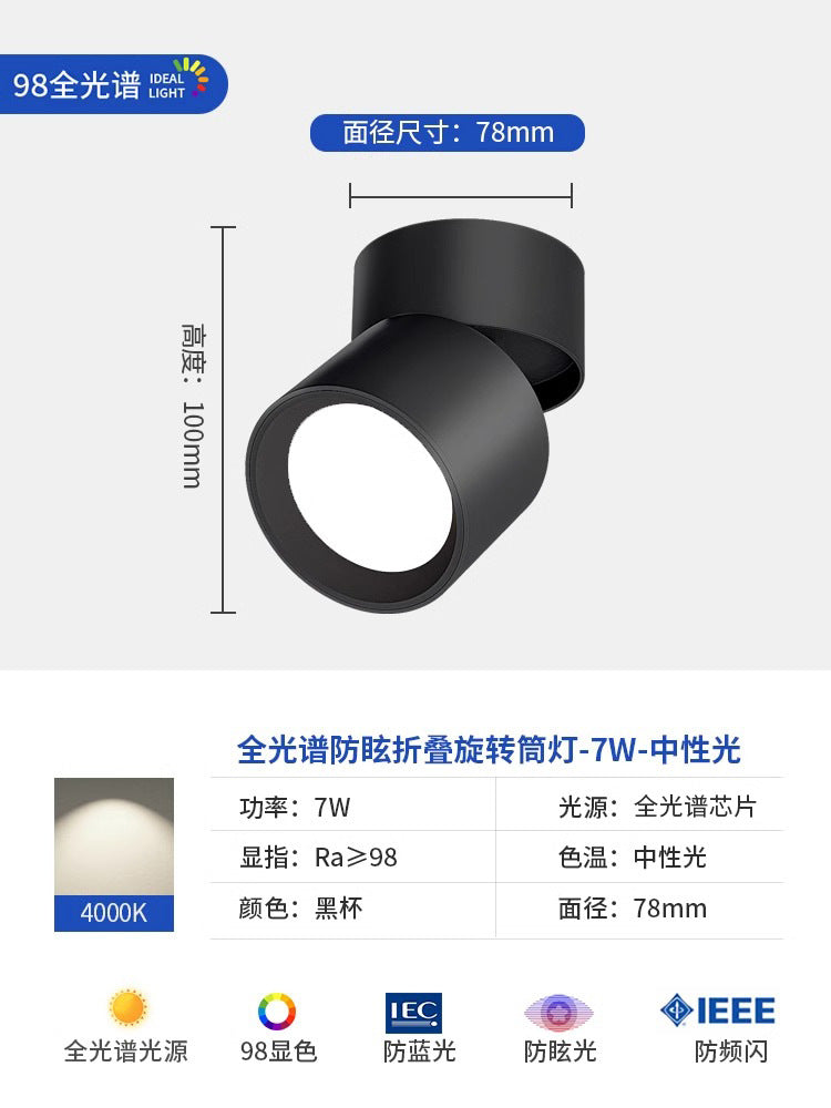Full spectrum surface mounted downlight spotlight - no drilling, adjustable angle, bedroom ceiling light, folding hallway light, small light for home entrance
