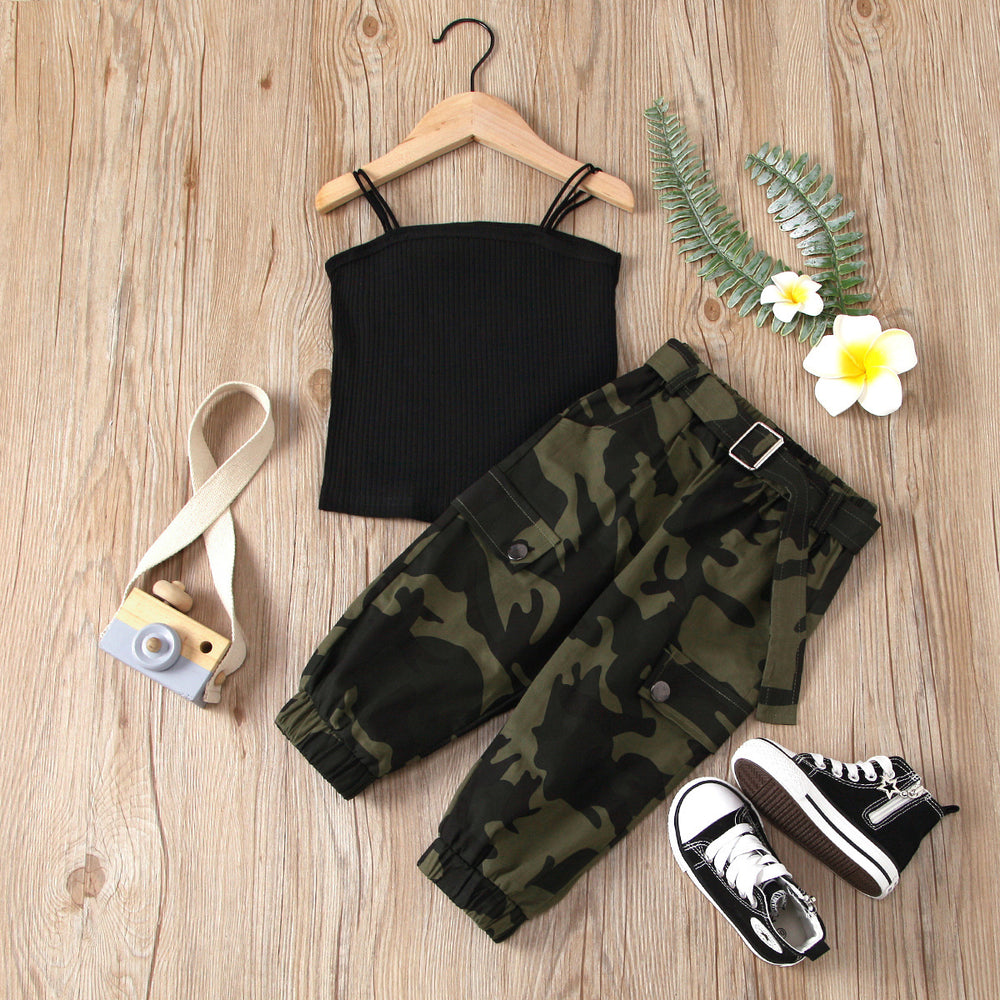 2020fashion style cross-border children's clothing pure color suspender chest-length pit strip tops camouflage pants two-piece setexport exclusive