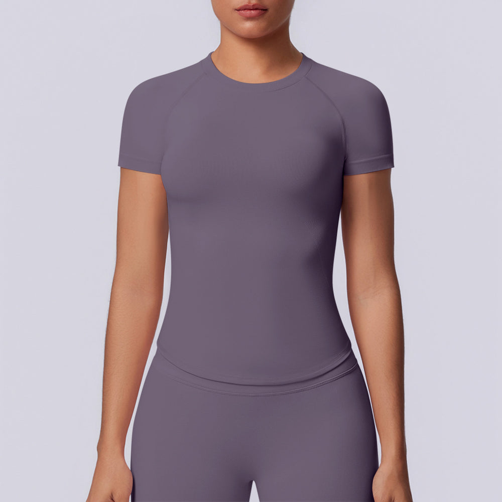 New arrival cross-border fashion seamless pure color tight high elastic breathable t-shirt sports running fitness yoga wear tops for women