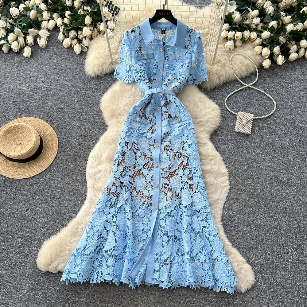 Frenchaccessible luxury heavy industry lacecut out silk dress women's summer k-style lapel waist slimming lookwork clothingelegance long skirt