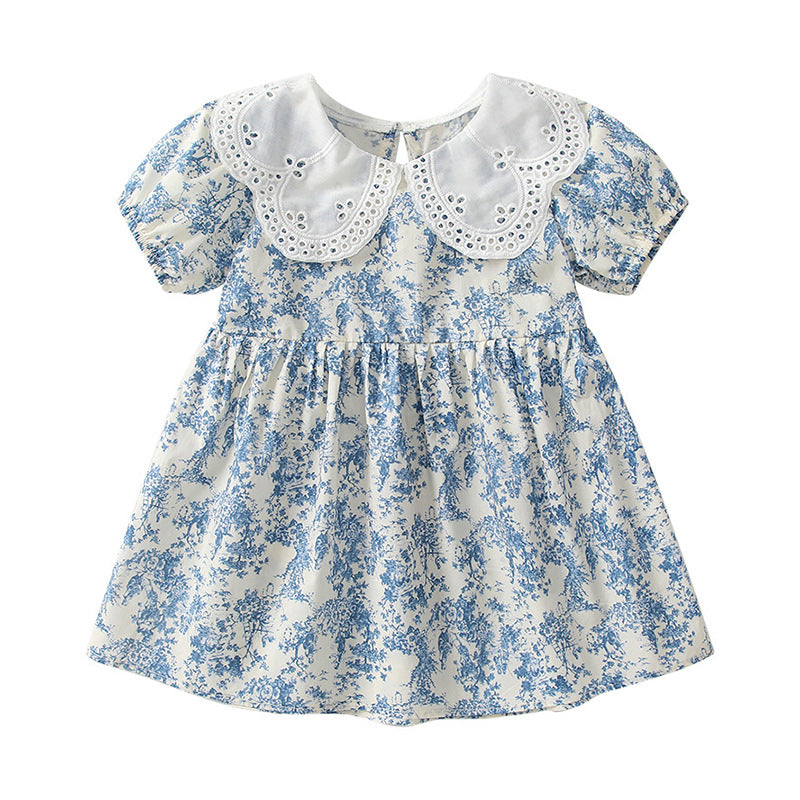 summer new arrival: lightweight girls' dress - blue and white porcelain doll collar, short-sleeved, stylish baby princess summer dress