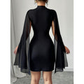 Women's black stand collar cape sleeve bodycon sheer mesh sleeve bodycon dress, women's fashion sexy apparel