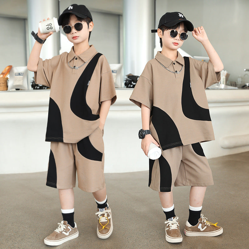Boys' summer color block polo shirt set - new  collection - trendy two-piece outfit for mid-to-large children, featuring shorts