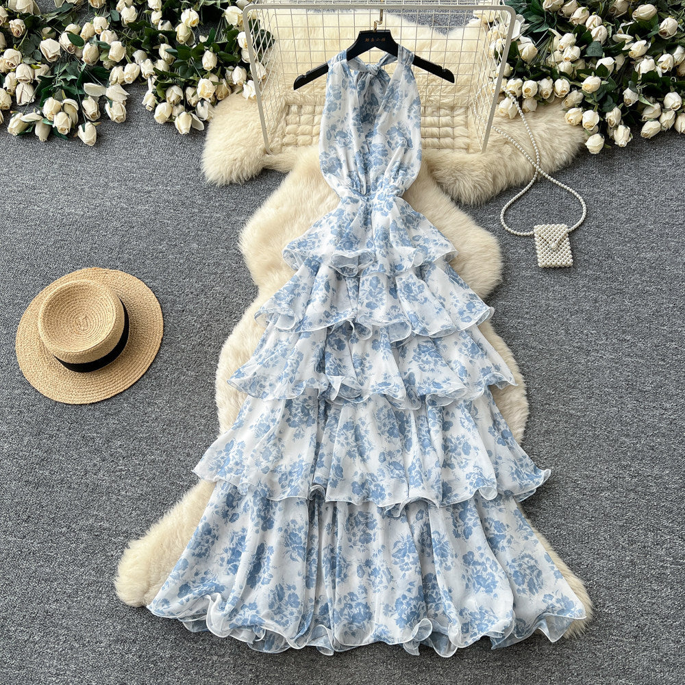 Frenchromantic style v neckhalter floral dress female summer k-stylesweet sleeveless ruffles cake skirt slimming look