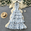 Frenchromantic style v neckhalter floral dress female summer k-stylesweet sleeveless ruffles cake skirt slimming look