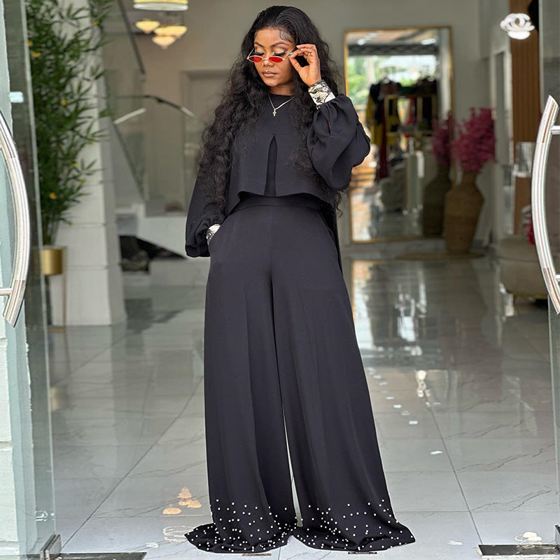 European and american cross-border women's clothing  summer new collection: round neck irregular lantern sleeve top and beaded wide-leg pant set