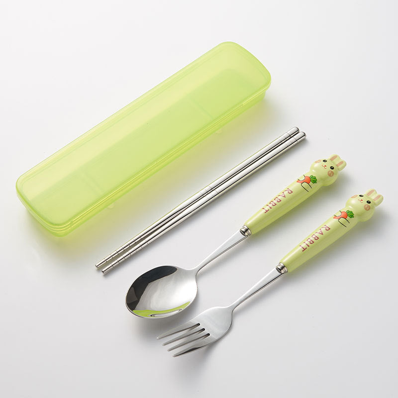 Cartoon rabbit portable cutlery set - 3-piece stainless steel spoon and chopsticks with ceramic handle