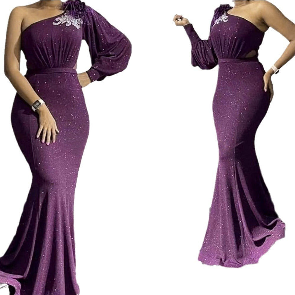 new year's eve bridesmaid dress train evening gown african women's one shoulder long skirt  dress