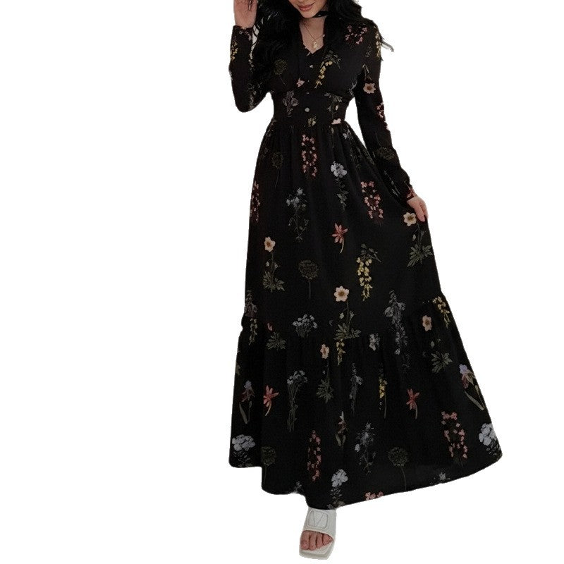 summer new women's clothing: cross-border european and american style dress - casual fashion printed a-line long sleeve dress