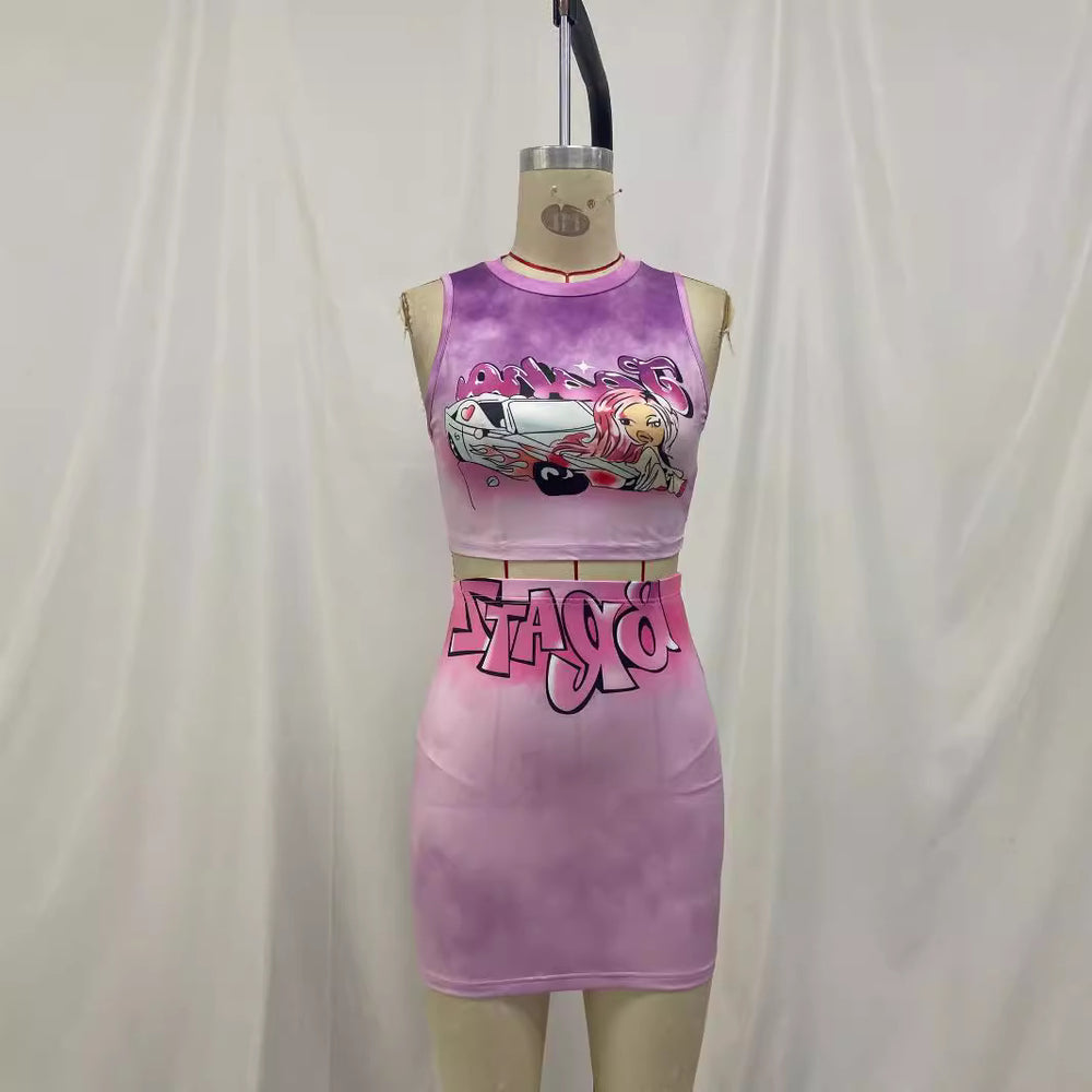Round neck sleeveless character letter printing hip skirt casualsuitfashionsummernew arrival street trendy