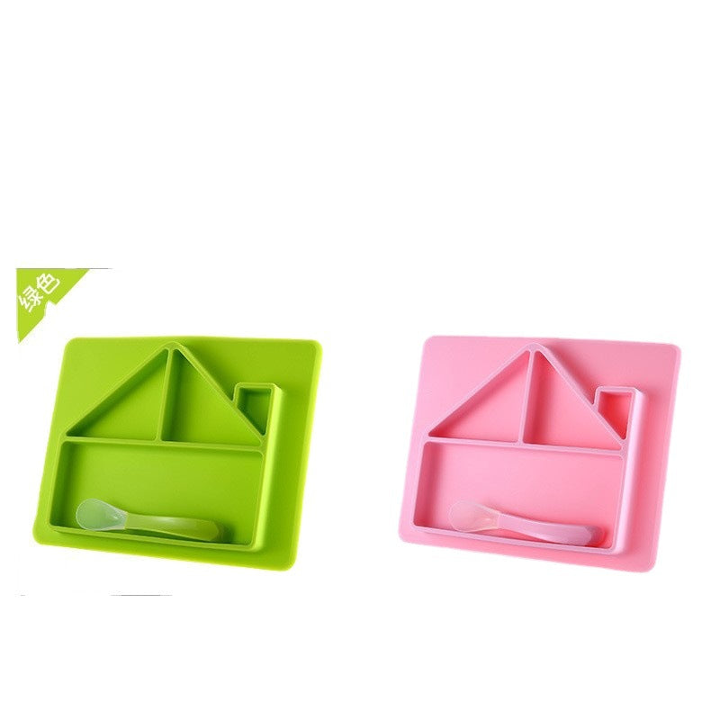 Factory cartoon house silicone plate baby all-in-one suction bowl kids silicone tableware with spoon