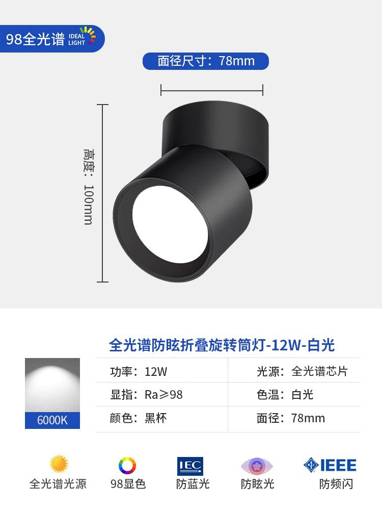 Full spectrum surface mounted downlight spotlight - no drilling, adjustable angle, bedroom ceiling light, folding hallway light, small light for home entrance