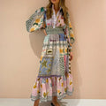 cross-border e-commerce women's fashion: european and american summer new arrivals - printed lantern sleeve, cinched waist, maxi swing dress 661