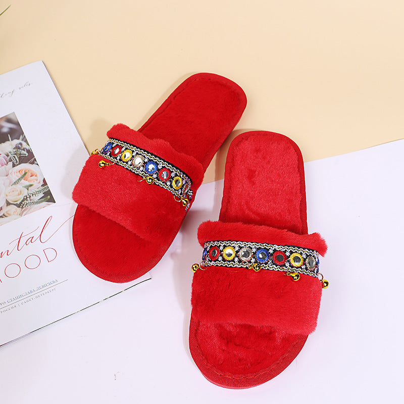 autumn and winter new arrival one-line soft bottom ethnic style fur slippers women's foreign trade large size fur ball heattech cotton dropshipping