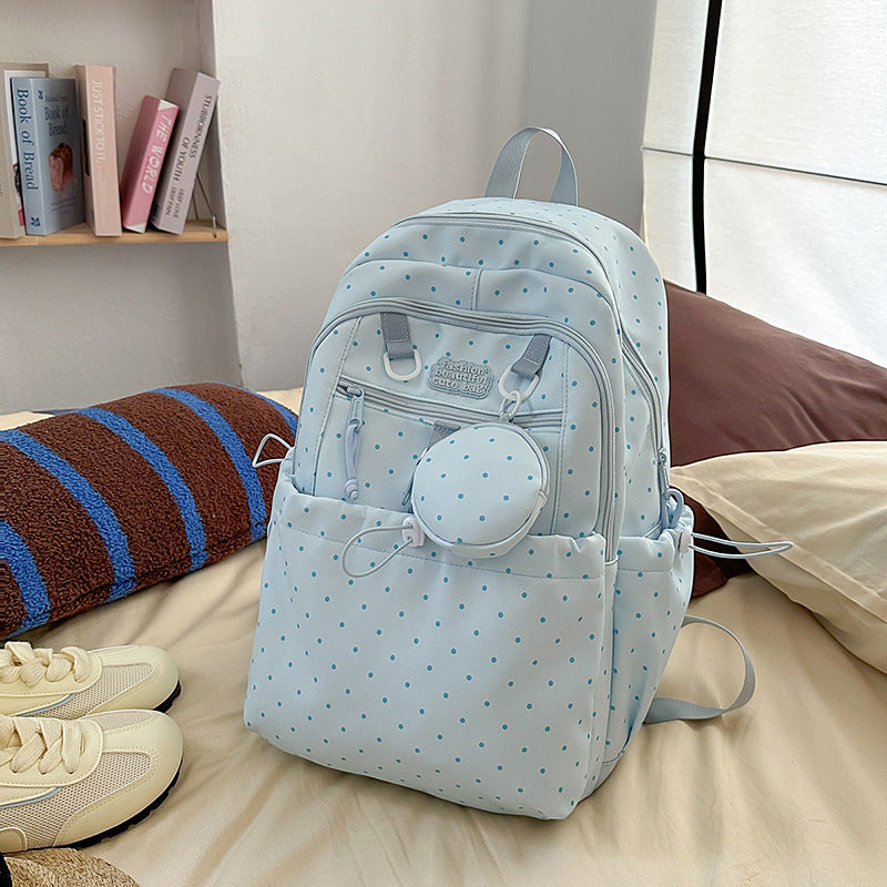 Korean style ins wind dot backpack with headphone holder - cute, fresh, and casual backpack for middle school, high school, and college students
