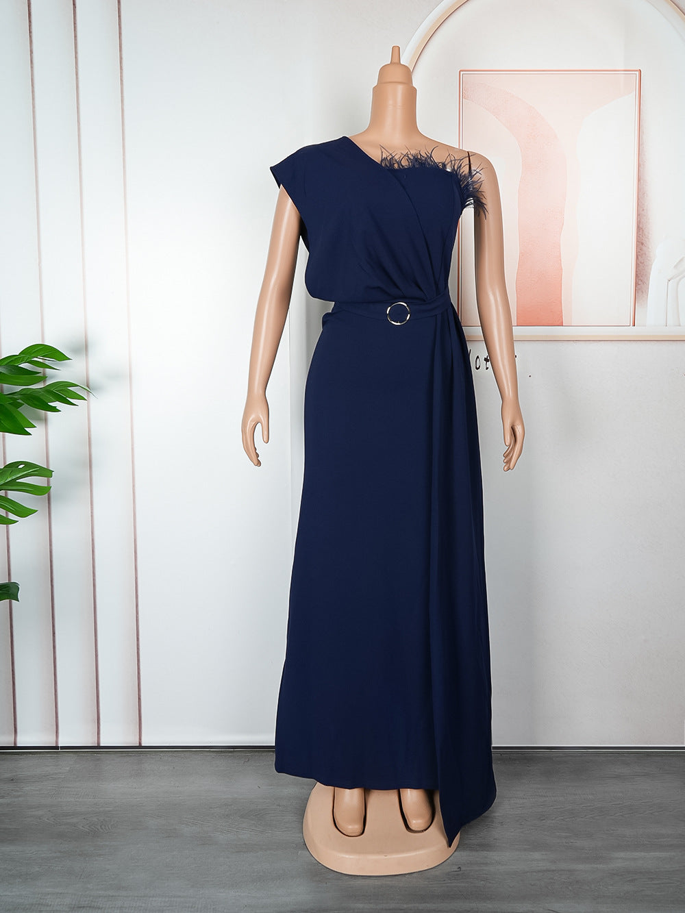 Plus size women's clothing from europe, america, and africa -  one-shoulder feather maxi dress for banquets, bridesmaids, weddings, and evening events