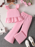 cross-border girls' pink vest & flutter sleeve top with lace-trimmed flare pants two-piece set