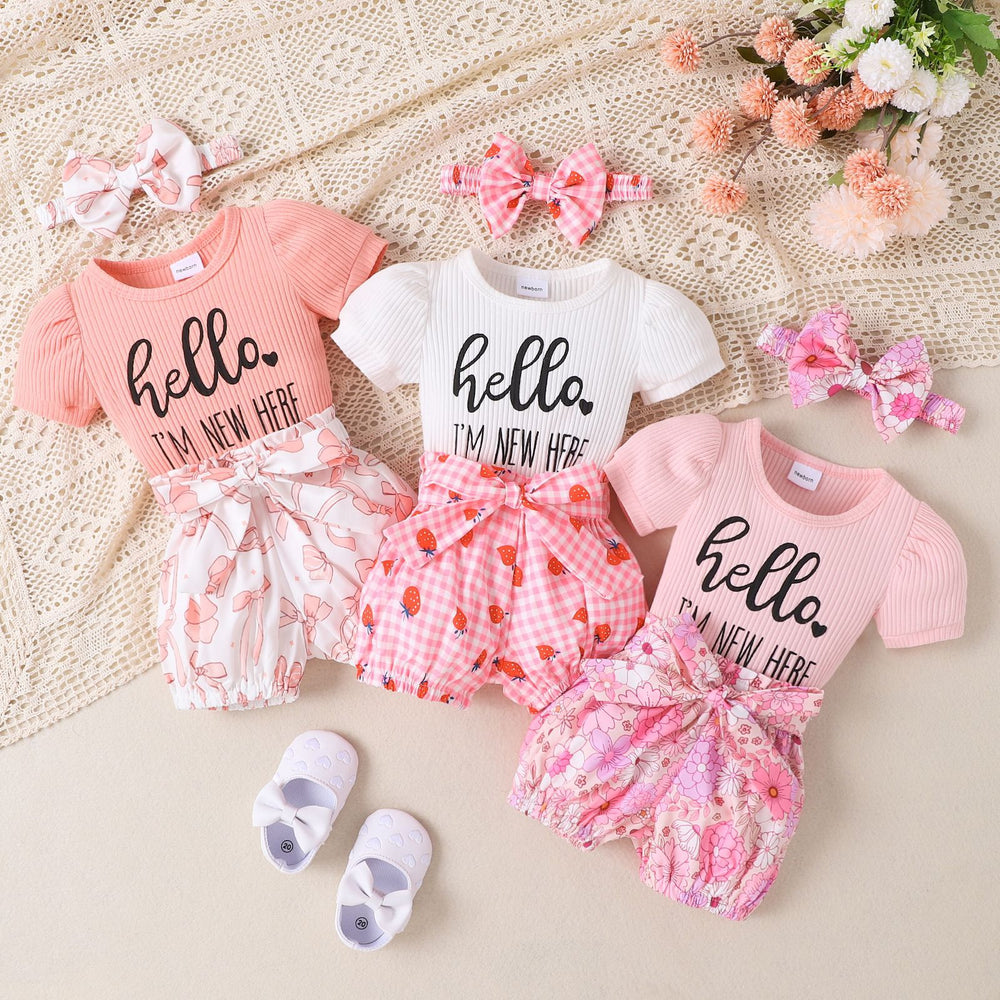 Children's clothingletterprinting short-sleeved khaki + printing pattern shortssuit headband three pieces