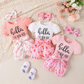 Children's clothingletterprinting short-sleeved khaki + printing pattern shortssuit headband three pieces