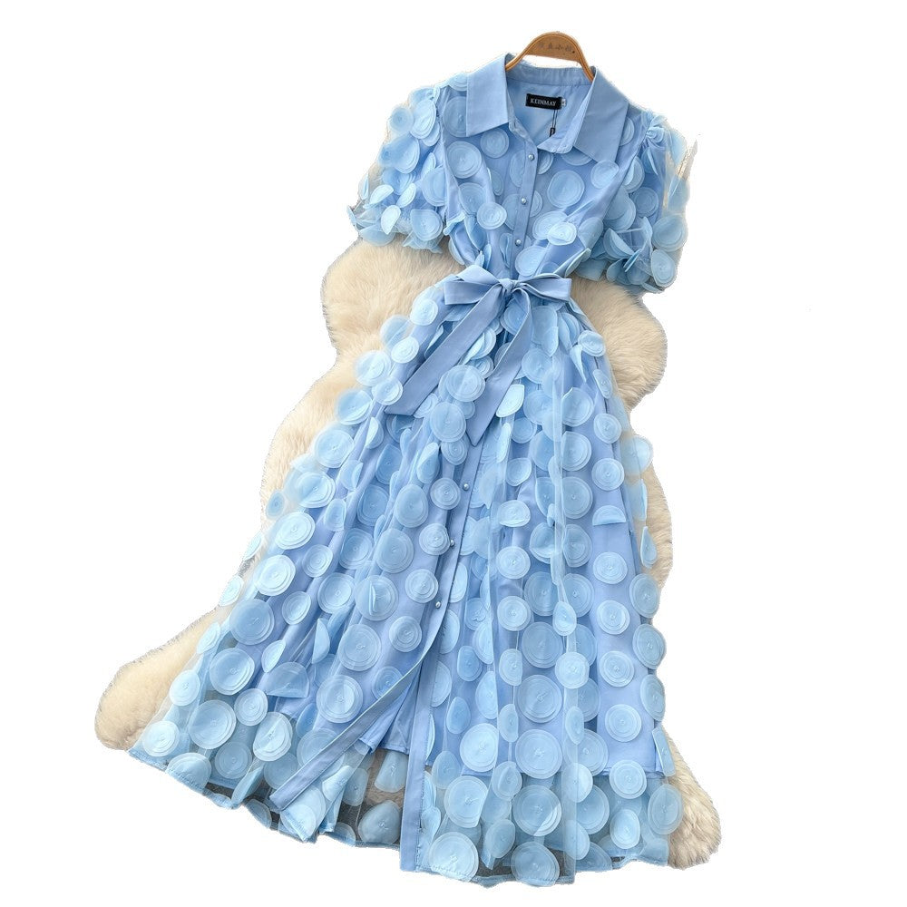 French chic lace-trimmed dress: women's summer short-sleeve a-line dress with tie waist – elegant and refined