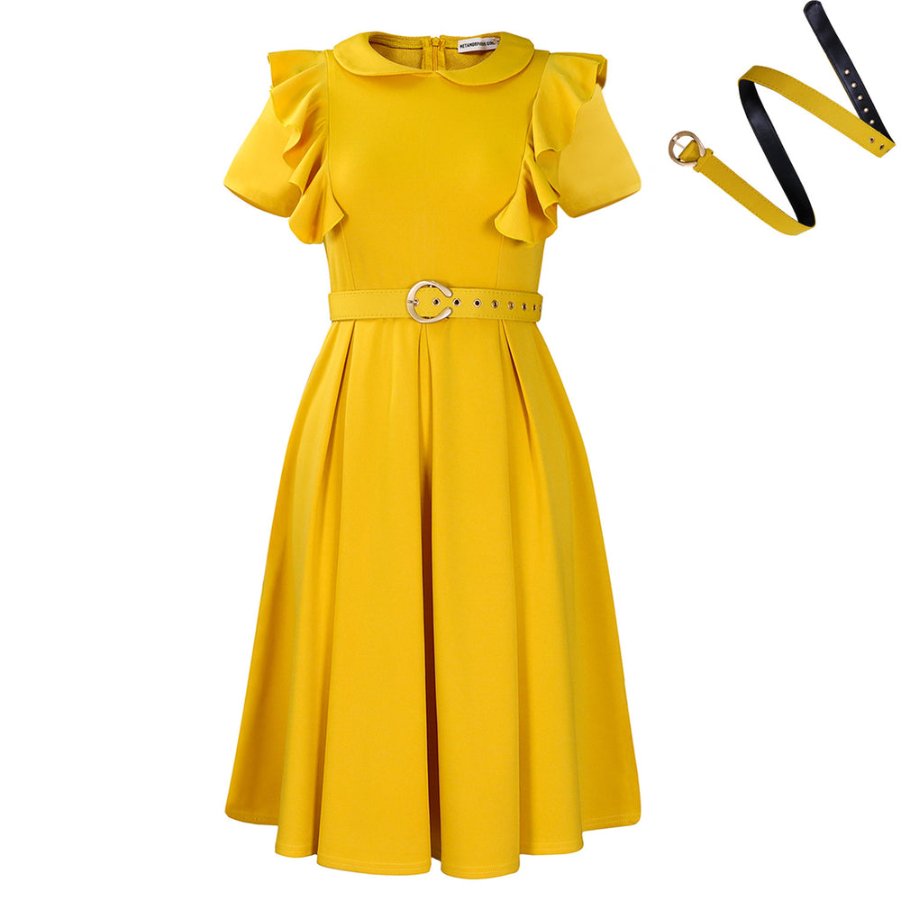 D583export women's clothing  short-sleeved doll collar pure color short-sleeved ruffles high waist large hem fashion dress