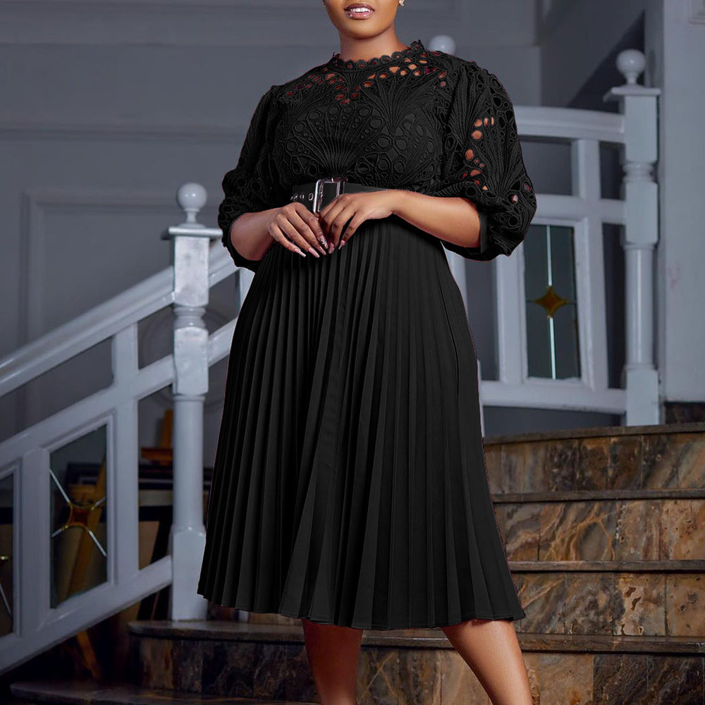european and american women's clothing  summer new fashion elegant lace hollow-out sexy pleated plus size foreign trade dress
